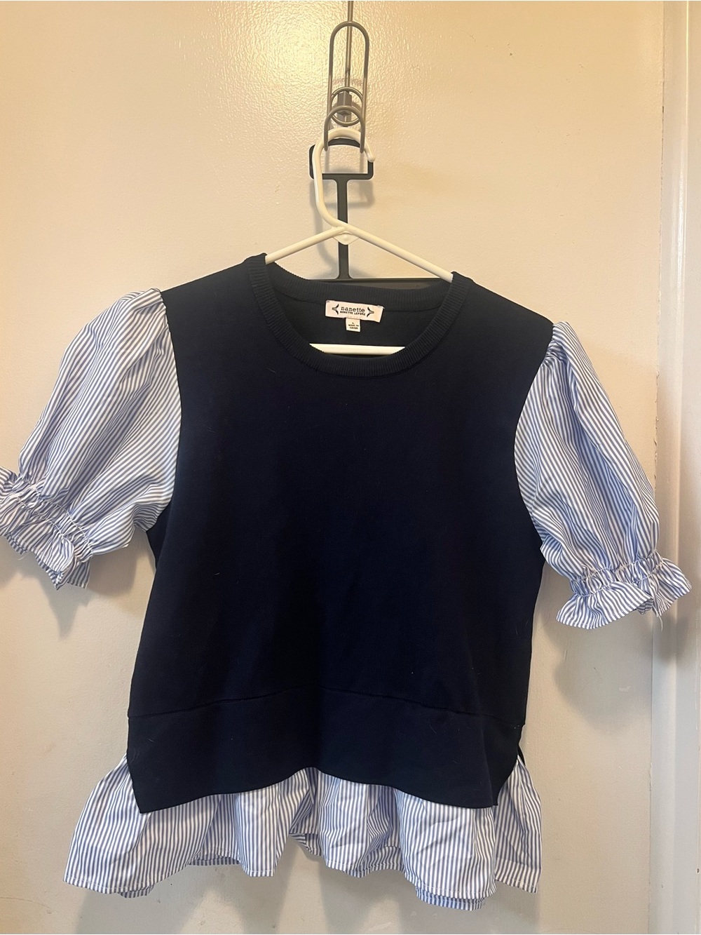 Nanette Lepore Navy Knit Top with Blue Stripe Puff Sleeves